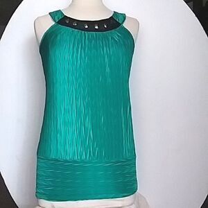 Top Studded Mesh Sleeveless Shiny Stretchy Kelly Green Black Retro Space…